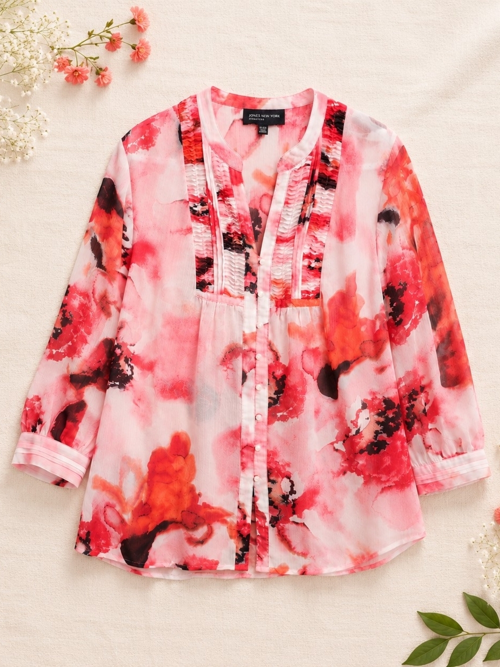 Jones New York Pink Floral Sheer Pintuck Blouse XL